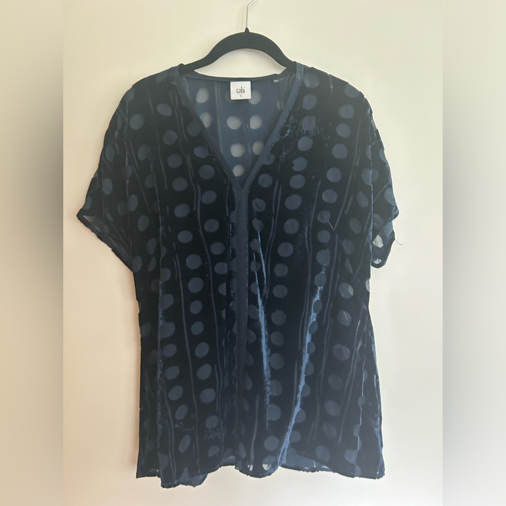 Cabi small spot on velvet blouse navy burnout polka dot.  Small